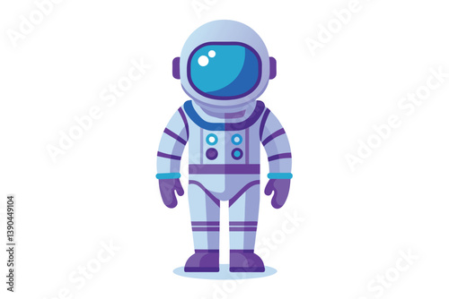 The cartoon astronaut stands upright in a simple, colorful spacesuit featuring bright blue and purple accents, ready for an adventure in space exploration.