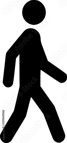 Minimalist icon, walking figure, black silhouette, simplified human form, stick figure, pictogram, universal symbol, movement icon, pedestrian sign, public signage, clean design, high contrast,  