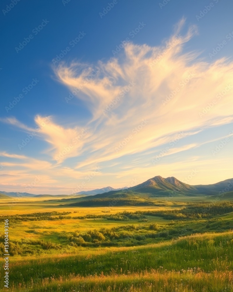 Obraz premium Golden Hour Landscape: Rolling Hills, Dramatic Clouds, Scenic Beauty