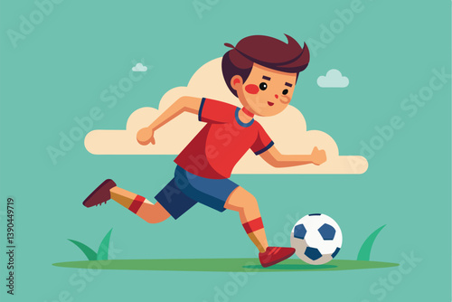 A young boy in a red shirt and blue shorts joyfully kicks a soccer ball while sprinting on green grass, surrounded by a bright blue sky and clouds.