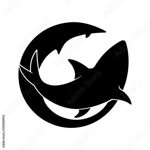 Ocean predator illustration of a shark in a circular wave design marine life . silhouette on white background.