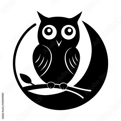 Stylized nocturnal bird illustration perched on branch with crescent moon shape art . silhouette on white background.