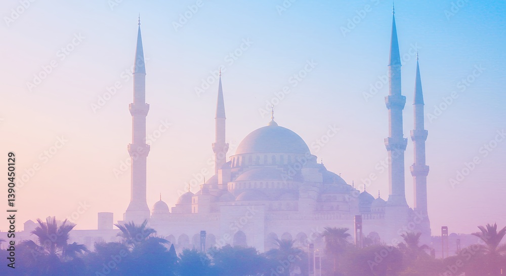 Fototapeta premium Serene Mosque Silhouette Against Dreamy Pastel Skies Reflecting Peaceful Majesty