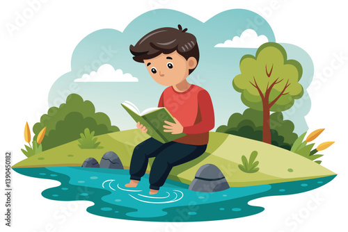 A young boy in a red sweater enjoys reading a book while sitting at the edge of a serene pond, playfully dipping his feet into the water surrounded by nature.