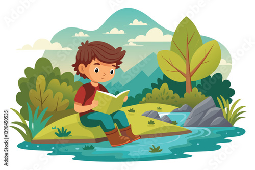 A young boy sits on a grassy bank near a stream, immersed in his book while enjoying the tranquility of nature with trees and mountains in the background.