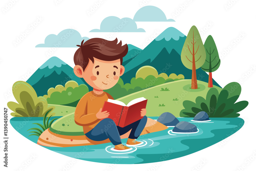Fototapeta premium A young boy enjoys reading a book while sitting on a rock in a calm river, with lush greenery, mountains, and trees in the background creating a serene atmosphere.