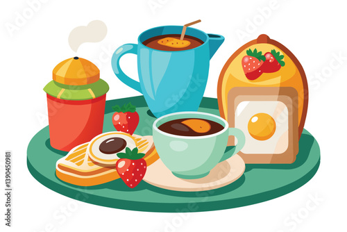 A colorful tray displays a comforting breakfast with a steaming cup of coffee, pastries, fresh strawberries, and a refreshing drink, perfect for starting the day.