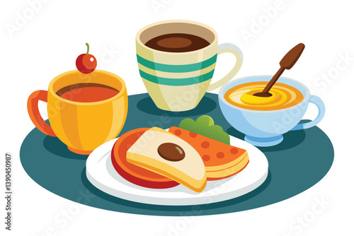 Enjoy a flavorful breakfast collection with two cups of coffee and tea, a plate of pancakes, and a delightful fruit side on a bright table setting.