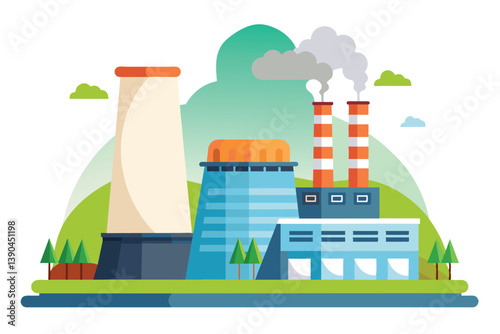 An industrial power plant features tall smokestacks, cooling towers, and a blue structure surrounded by green trees and hills, showcasing energy production.