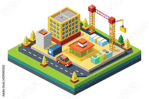 The illustration depicts a vibrant construction site featuring multiple structures, a crane, and vehicles, all surrounded by greenery and trees, emphasizing urban development.