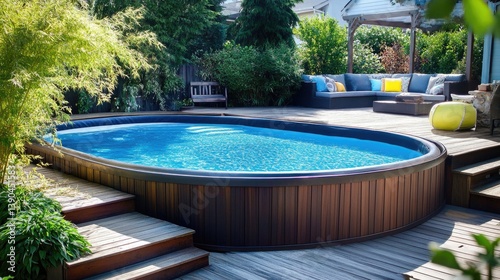 Tranquil backyard oasis with an inviting oval pool surrounded by lush greenery and stylish outdoor furniture