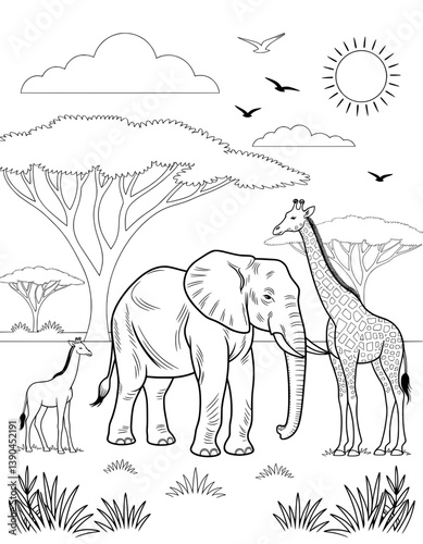 A charming black and white coloring page featuring a giraffe, an elephant, and a baby giraffe in a lush African savanna setting