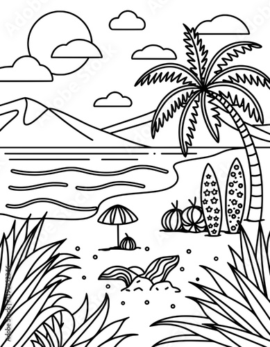 A black and white line drawing of a tropical beach scene, perfect for coloring books or related media