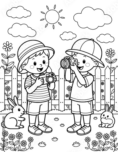 A black and white illustration of two children, wearing summer hats and shorts, taking pictures with cameras outdoors in a garden