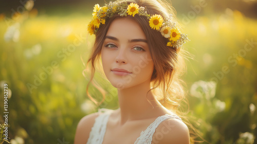 Young woman with floral wreath in meadow on sunny day