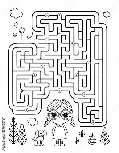 A captivating black and white maze puzzle for children, featuring a friendly girl and a dog