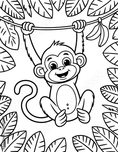 A cheerful cartoon monkey hangs upside down from a vine amidst lush jungle foliage