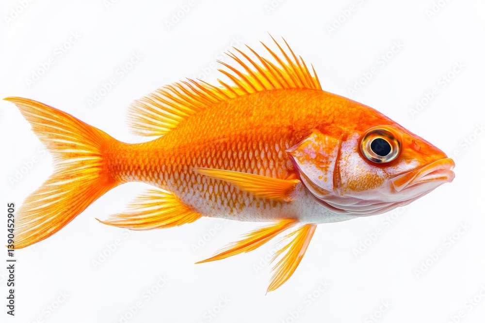Fototapeta premium Vivid Orange Fish - A vibrant orange fish, scales gleaming, fins elegantly spread, isolated on a pristine white background. Symbolizing vibrancy, beauty, aquatic life, freedom, and nature