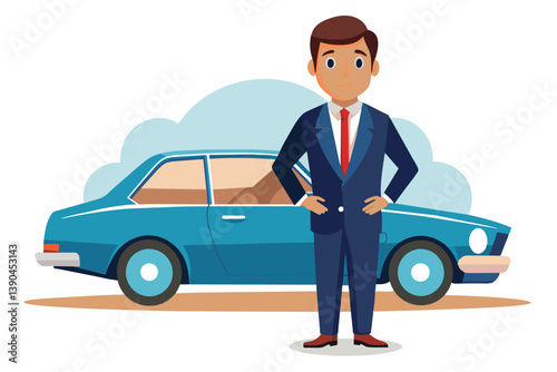 A man in a suit stands next to a blue car against a light background, showcasing a composed demeanor that emphasizes confidence and professionalism in broad daylight.
