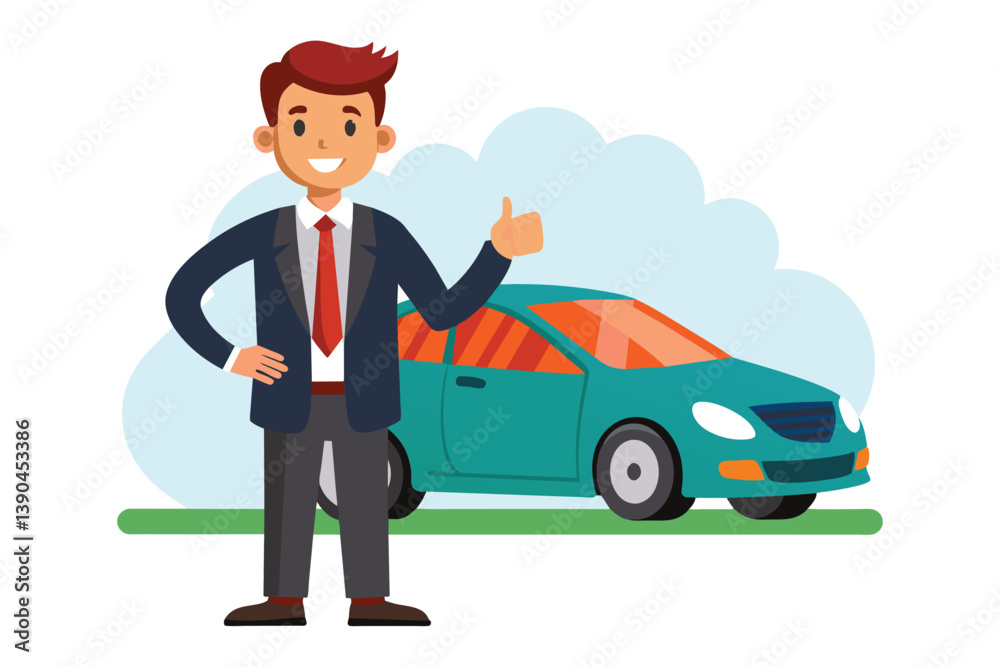 A cheerful car salesman gives a thumbs-up while dressed in a suit, positioned next to a teal car at a dealership, highlighting vehicle options for potential buyers. A cheerful car salesman gives a thumbs-up while dressed in a suit, positioned next to a teal car at a dealership, highlighting vehicle options for potential buyers.