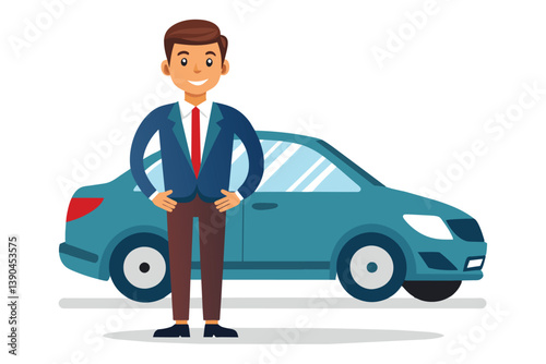 A professional man in a suit appears cheerful while posing with his hands on his hips beside a compact teal car, showcasing a positive attitude in a vibrant environment.