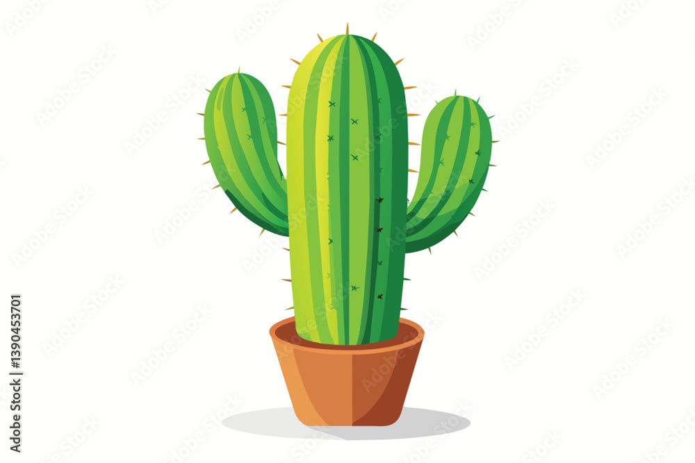 A tall, green cactus with multiple arms stands in a brown pot, highlighting its spiky appearance and vibrant color against a plain background. A tall, green cactus with multiple arms stands in a brown pot, highlighting its spiky appearance and vibrant color against a plain background.