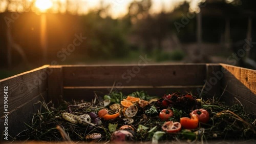 Gardener Preparing Compost with Organic Waste at Sunset in a Sustainable Community Garden