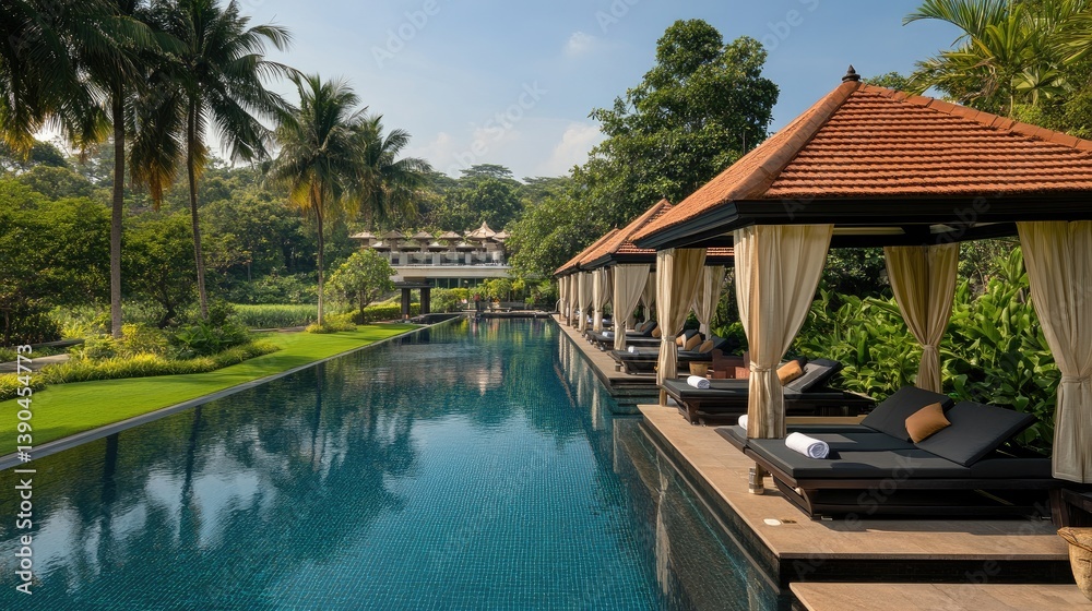 Serene Tropical Resort with Poolside Loungers and Lush Greenery Under a Clear Blue Sky Serene Tropical Resort with Poolside Loungers and Lush Greenery Under a Clear Blue Sky