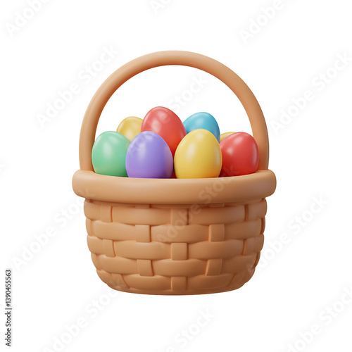Easter Eggs in Basket, 3d rendering icon, isolated on white background, cartoon plastic style, Easter celebration