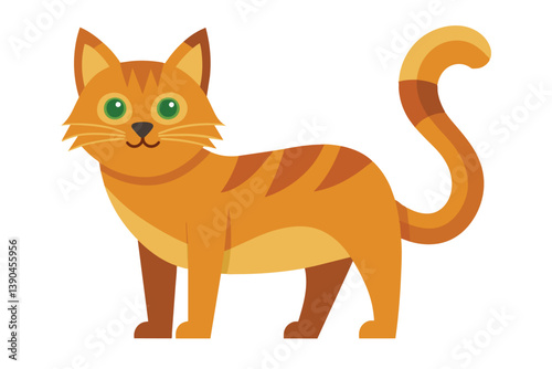 This charming orange cat with striking green eyes and a fluffy tail is depicted in a playful stance, exuding a joyful and friendly demeanor that invites attention.