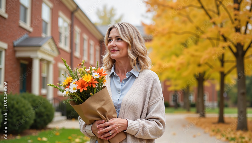 Fototapeta premium Teacher smiling with bouquet outdoors in autumn, seasonal warmth