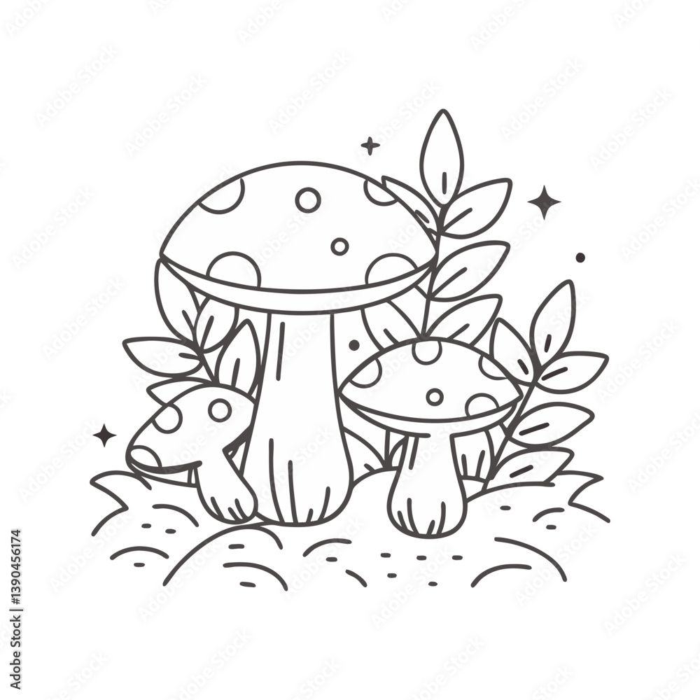 Minimal vector illustration of mushrooms with leaves and sparkles, capturing woodland charm, autumn nature, and forest floor details. Minimal vector illustration of mushrooms with leaves and sparkles, capturing woodland charm, autumn nature, and forest floor details.