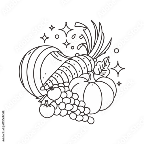Minimal vector illustration of a harvest with pumpkins, grapes, apples, and carrots, representing autumn abundance and seasonal celebration.