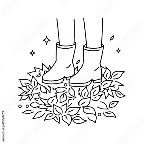 Minimal vector illustration of boots standing in autumn leaves with sparkles, symbolizing fall fashion, seasonal walks, and cozy outdoor vibes.