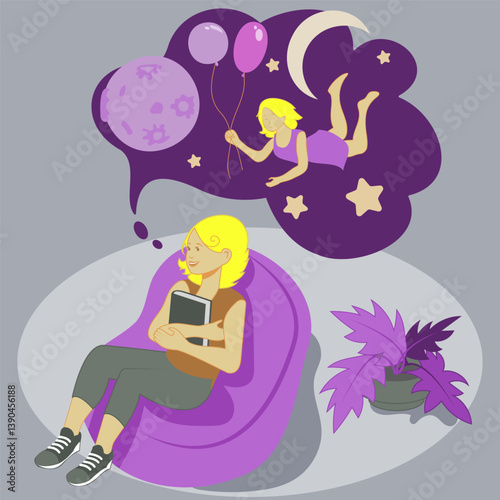 The girl sits in a chair and dreams of flying into space. A bright illustration in lilac-gray tones and cartoon style.
