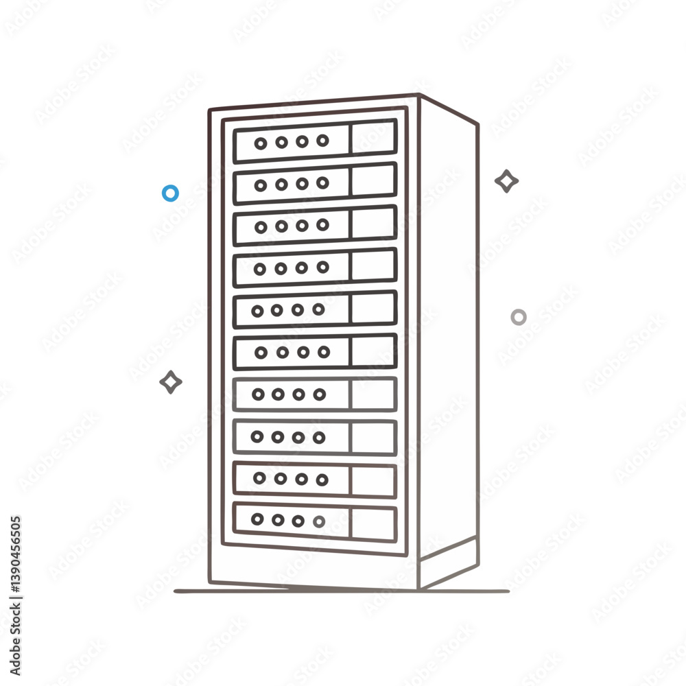 Minimal vector illustration of a data server rack with clean lines, representing storage, networking, and modern IT infrastructure. Minimal vector illustration of a data server rack with clean lines, representing storage, networking, and modern IT infrastructure.