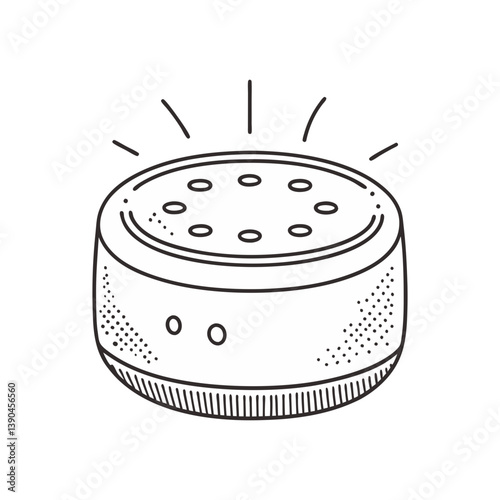 Minimal vector illustration of a smart speaker with signal lines, symbolizing voice control, home automation, and modern tech.