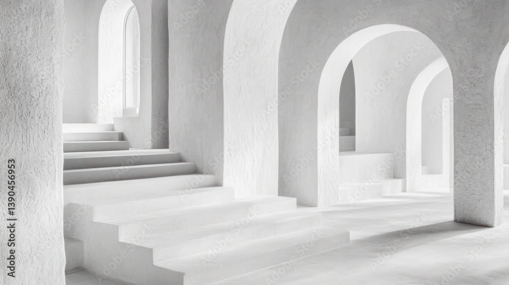Fototapeta premium A White Architectural Interior Showcasing Archways Stairways And Pillars