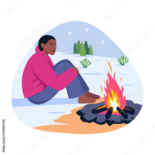 A character enjoying bonfire night, flat illustration