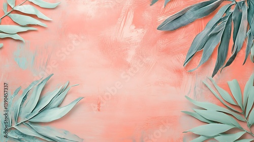 Teal leaves frame on coral background.