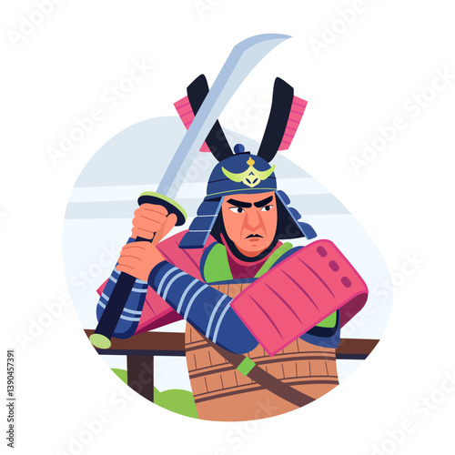 A flat style illustration of a samurai character