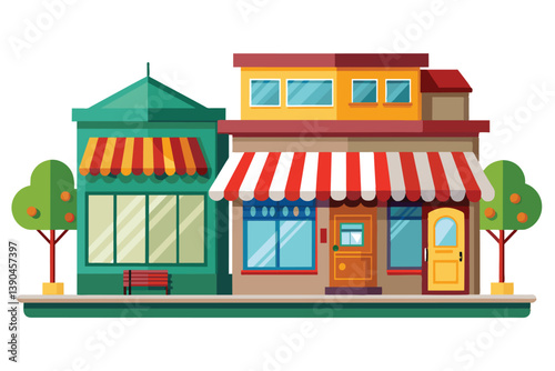 Two charming shops stand side by side, featuring colorful awnings and large windows. Green trees enhance the lively atmosphere of this bustling urban neighborhood.