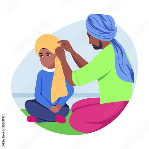 Father wearing turban to his son, flat style illustration