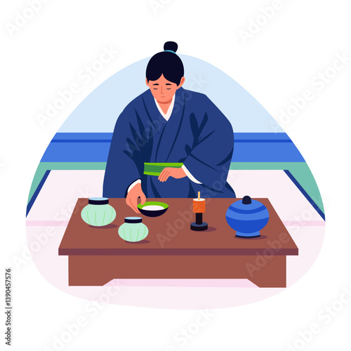 A female character celebrates a traditional tea ceremony