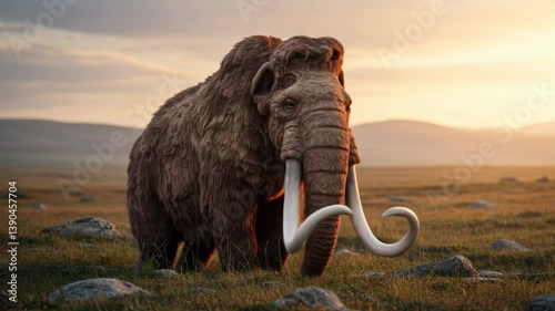 Realistic Mammoth Standing Gracefully in a Lush Savanna Landscape During Sunset