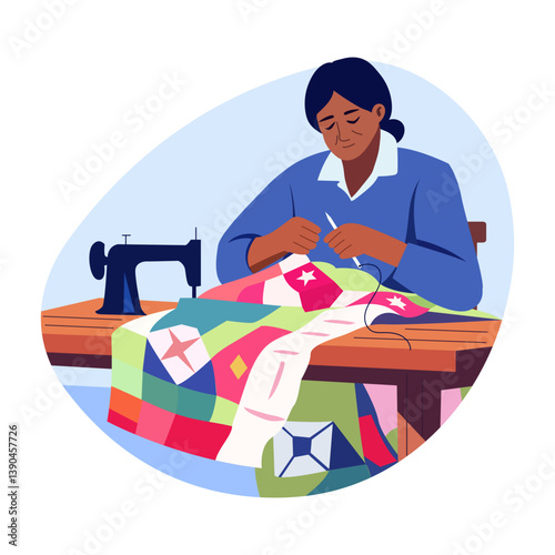A flat style illustration showing a woman doing quilting