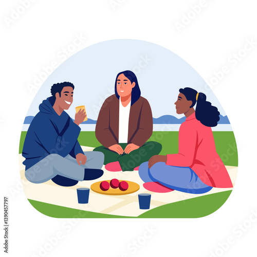 A group of friends enjoying picnic together, flat illustration