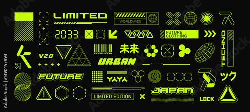 Futuristic elements and Cyberpunk signs for Urban Fashion Clothes set 1. Cyberpunk and Hi-Tech Hud emblems stickers and Y2k logo collection for apparel print design. Retro Futuristic japan style