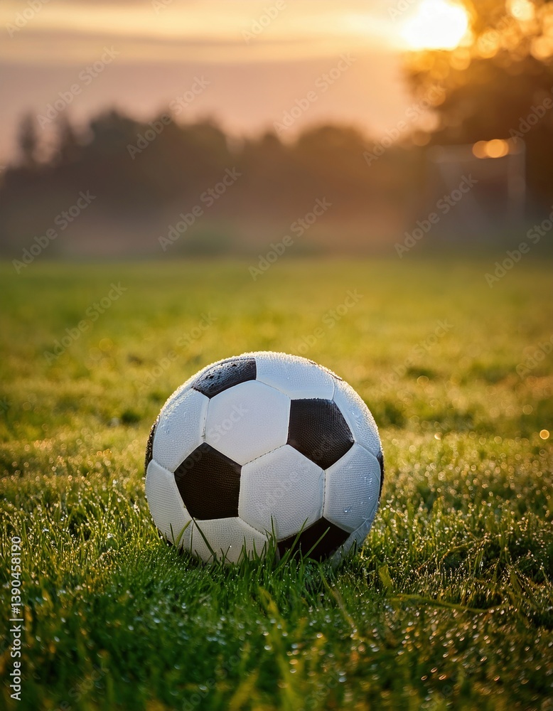Obraz premium A soccer ball sits on dewy grass as golden sunlight bathes the field, hinting at a thrilling game.