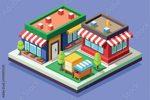 Two vibrant buildings with outdoor seating and landscaped green areas highlight a bustling market, inviting visitors to enjoy shopping and socializing in a lively urban setting.